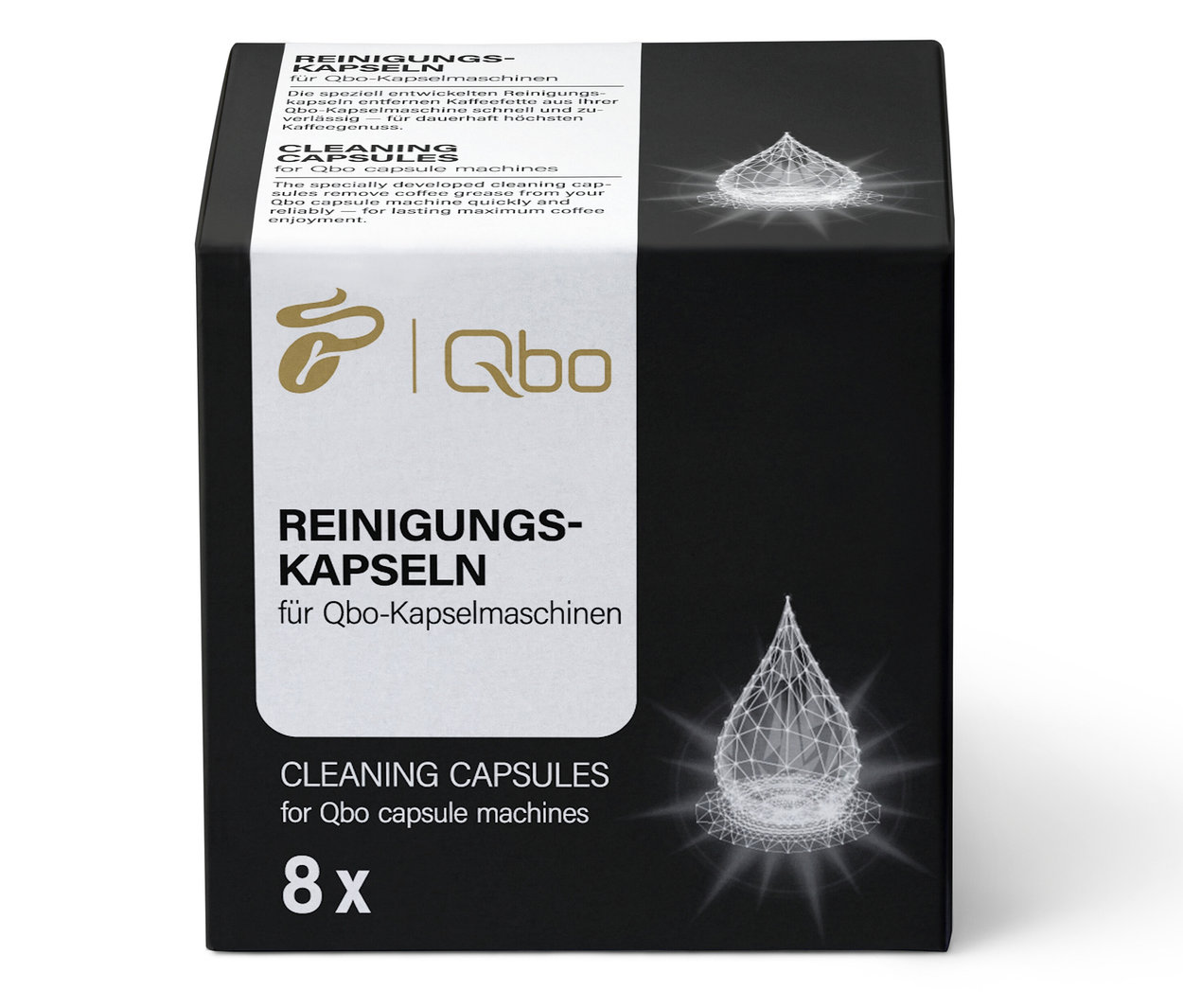 Schwarze Packung Qbo Reinigungskapseln für Kaffeemaschinen.