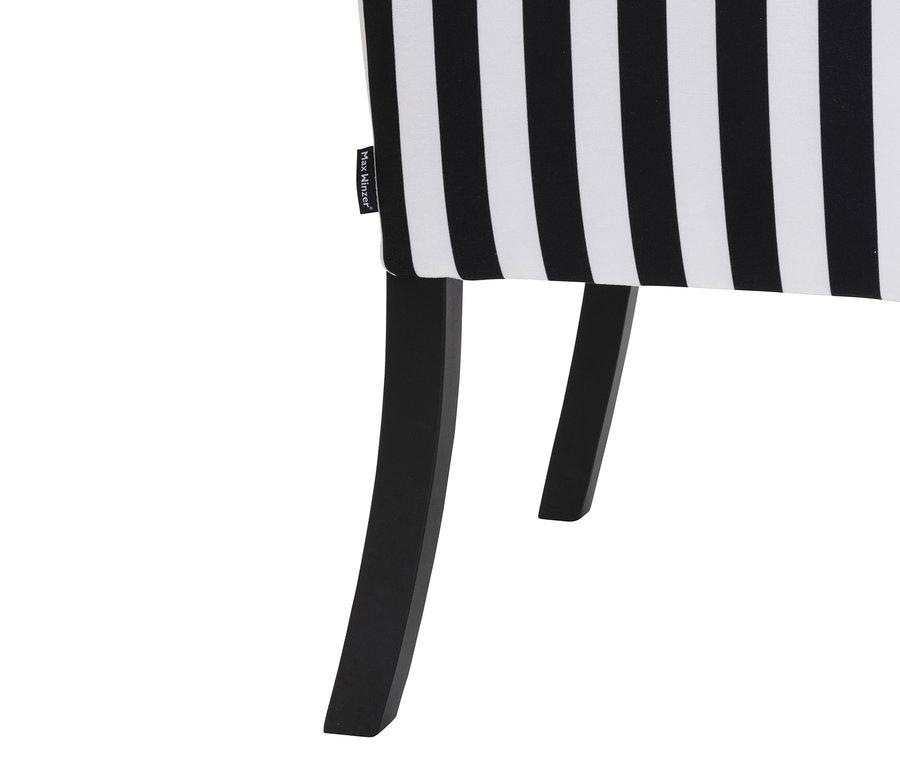 Detailansicht eines Polsterstuhls »Hendrick« mit Armlehne, schwarz-weiß gestreift.