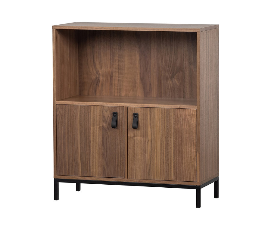 Brauner Schrank »Bookazine Low« mit offenem Regal oben und Türen unten.