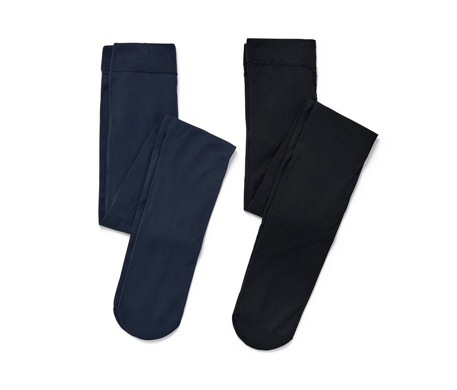 Zwei Kinder-Nylon-Strumpfhosen: eine dunkelblaue und eine schwarze.