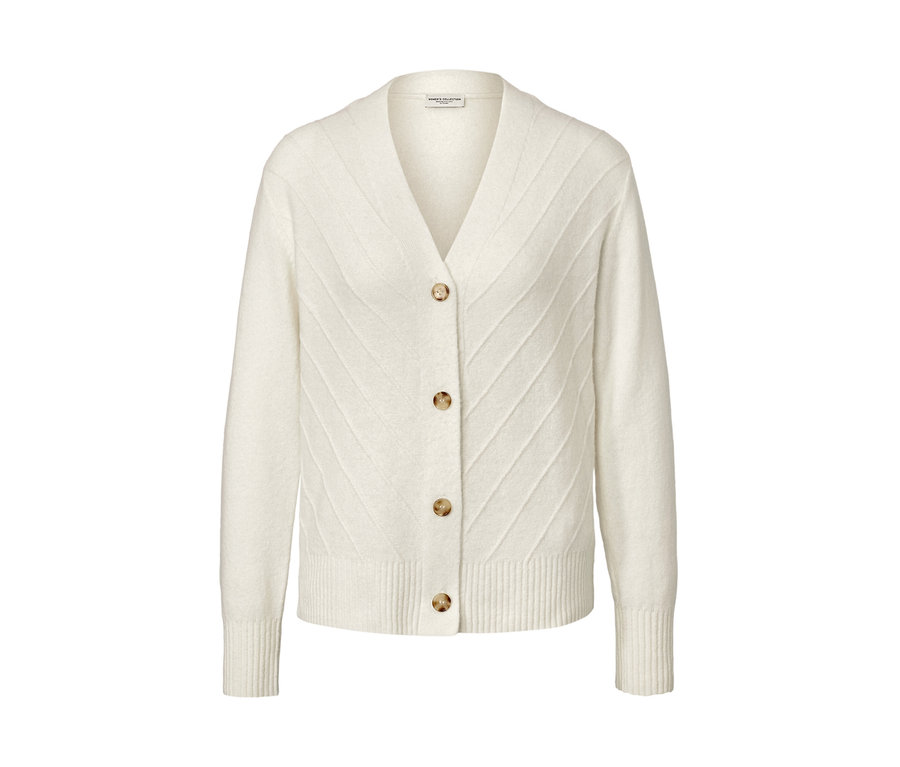 Cremeweißer Cardigan mit Strickstruktur.