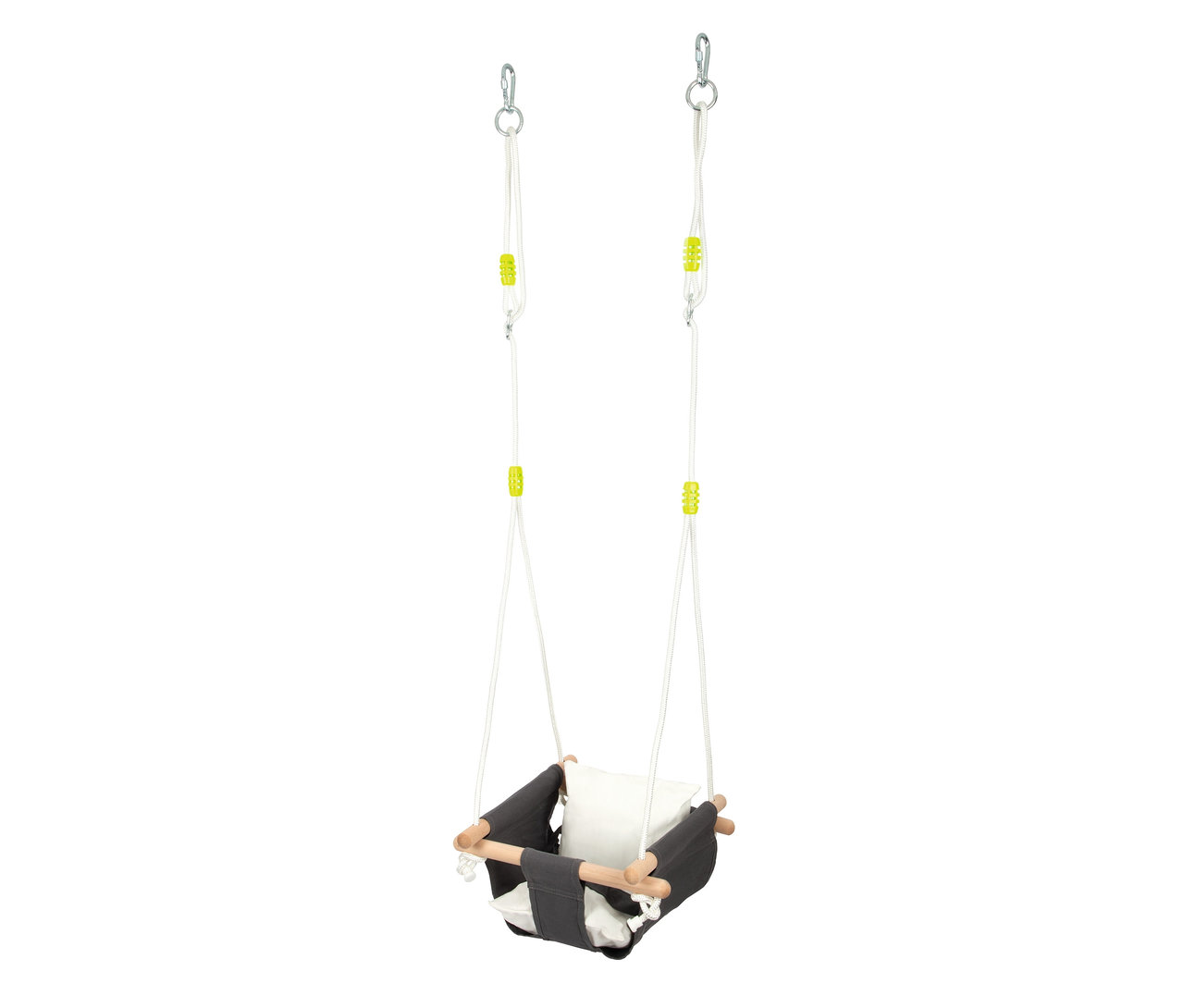 Babyschaukel »Komfort« mit grauem Stoffbezug, weißem Kissen und Holzelementen, die an weißen Seilen mit Karabinern aufgehängt ist.