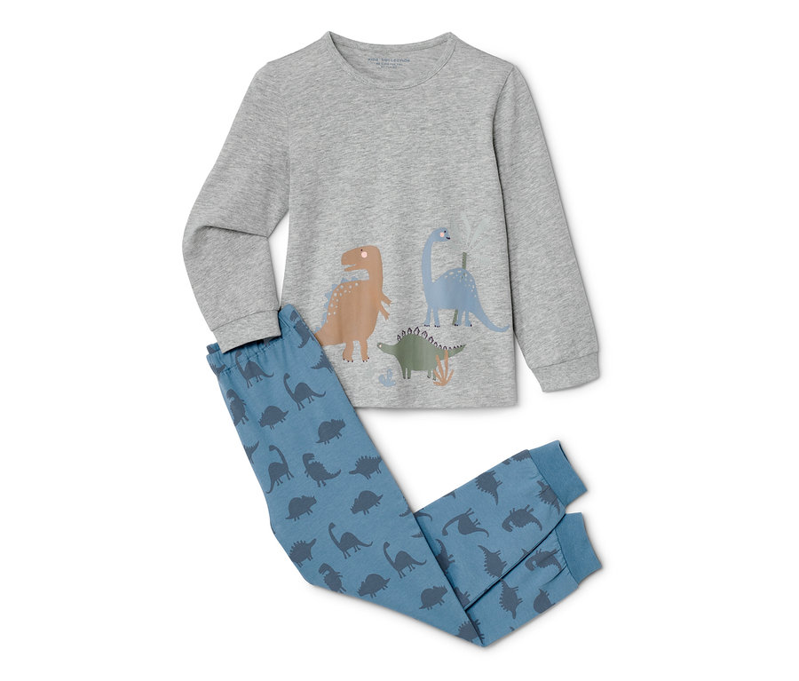 Blauer Kinder-Pyjama mit Dinosauriern.