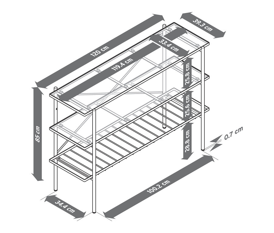 Abmessungen der Konsole, Breite ca. 120 cm.
