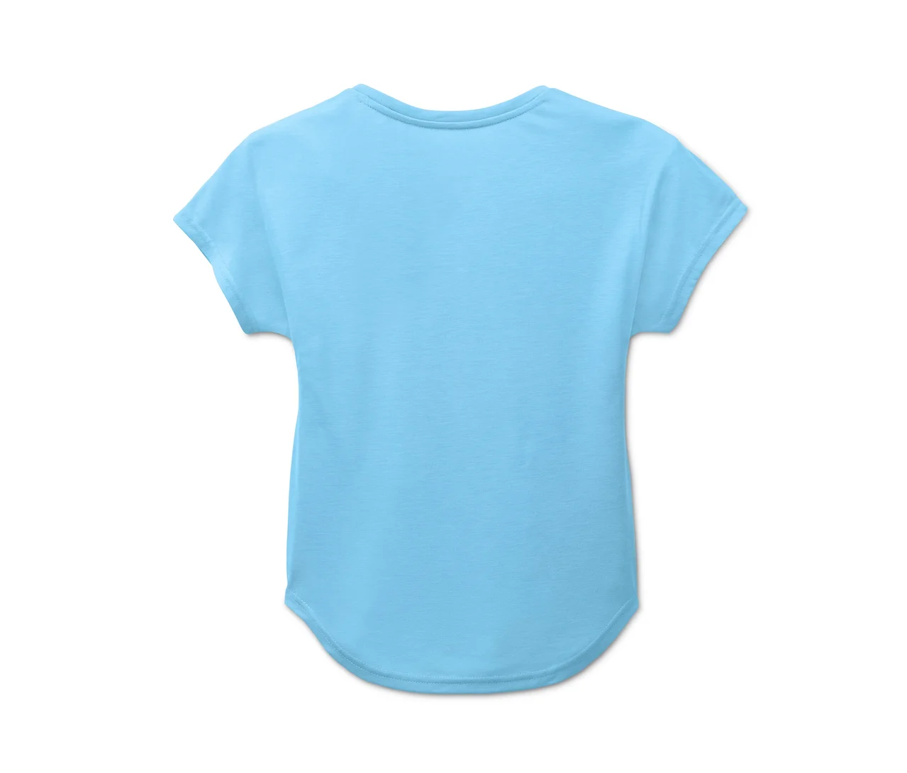 Helles, blaues Mädchen-Funktionsshirt mit kurzen Ärmeln.