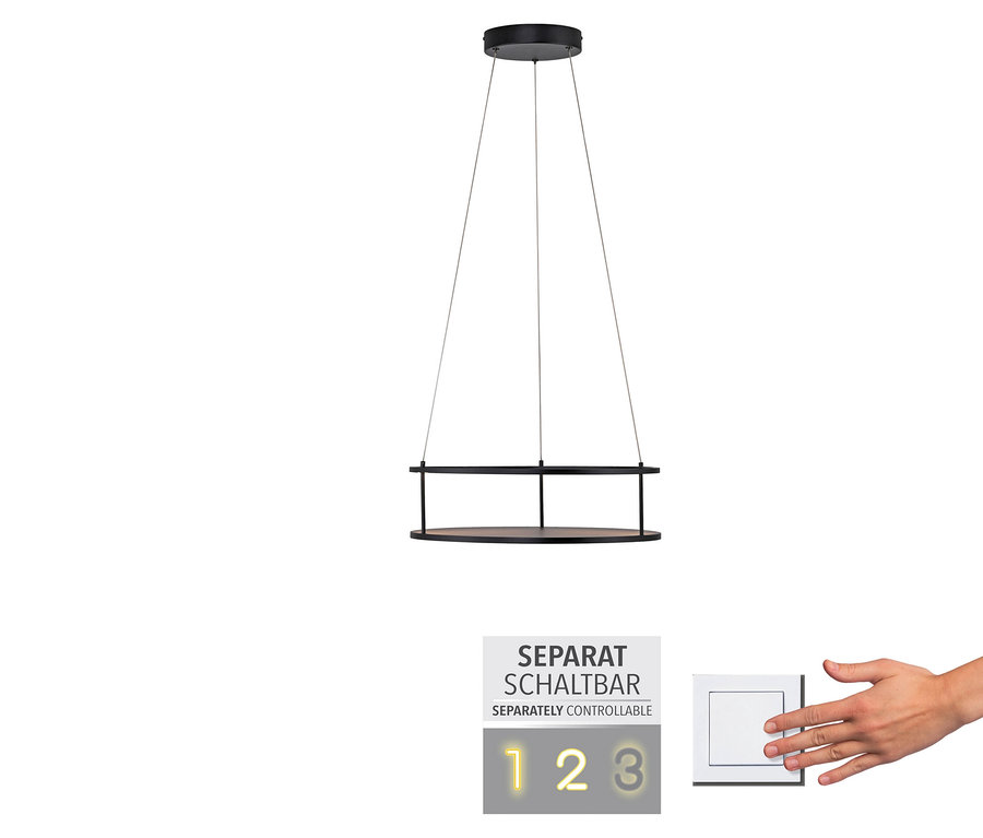 Schwarze Hängeleuchte mit rundem Schirm, einem Bedienfeld mit den Ziffern 1, 2, 3 und einer Hand, die einen Schalter betätigt.