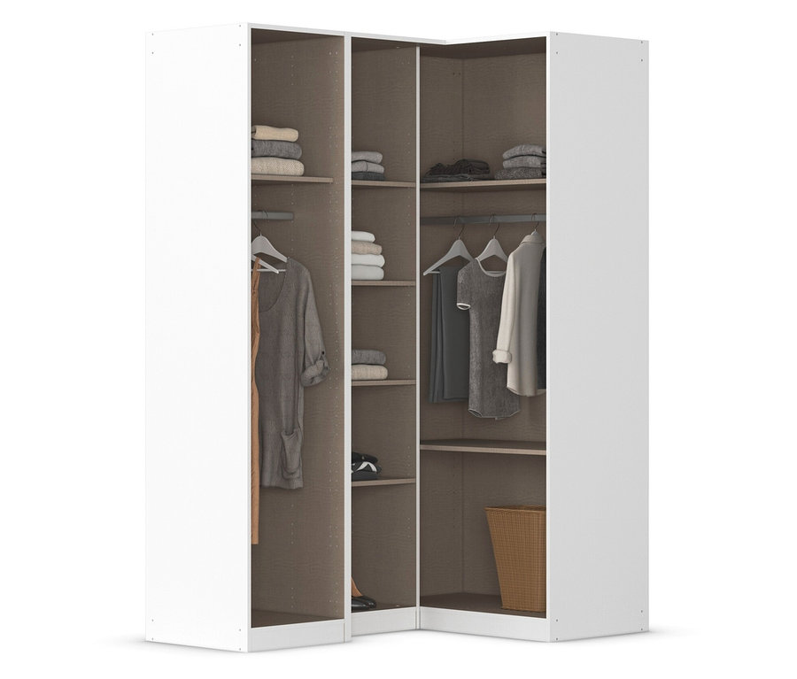 Eckkleiderschrank mit Regalen und Kleiderstangen.