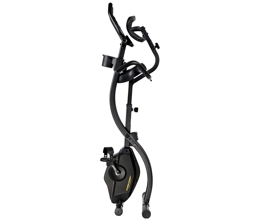 Ein schwarzes Heimtrainer-Fahrrad auf weißem Hintergrund.