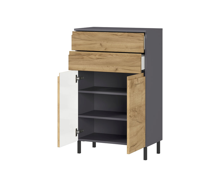 Ein Schrank mit offener Tür und zwei Schubladen.
