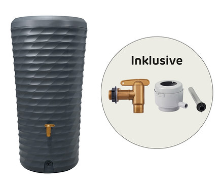 Graue Garantia 2-in-1-Regentonne-Komplett-Set, ca. 230 l mit Wasserhahn und Zubehörset.