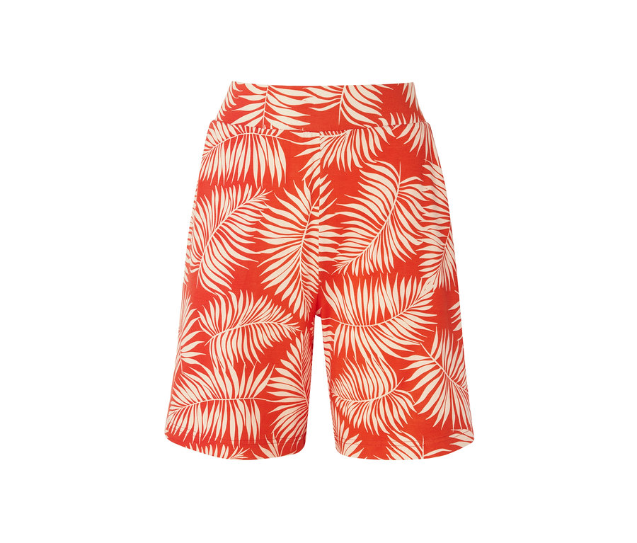 Eine rote, bedruckte Jerseyshorts.