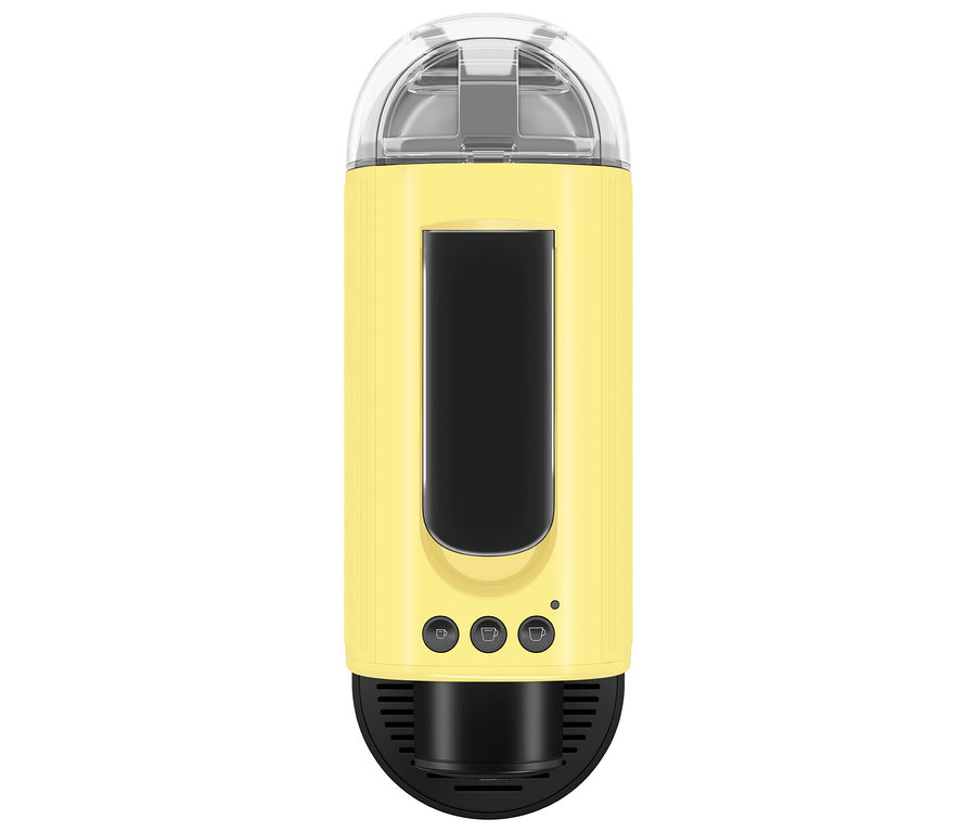 Gelber Kaffeebereiter mit transparentem Deckel.