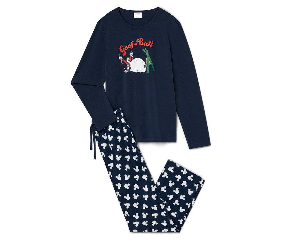 Ein marineblauer Schlafanzug mit langen Ärmeln und einer Hose mit Mickey Mouse-Muster.