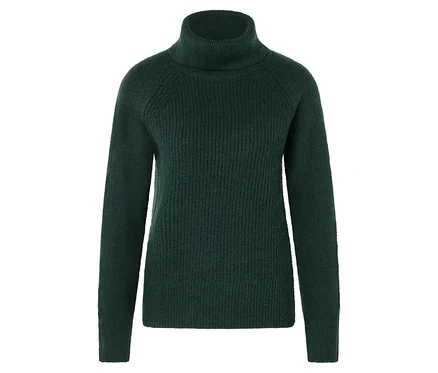 Ein grüner Rollkragenpullover auf weißem Hintergrund.