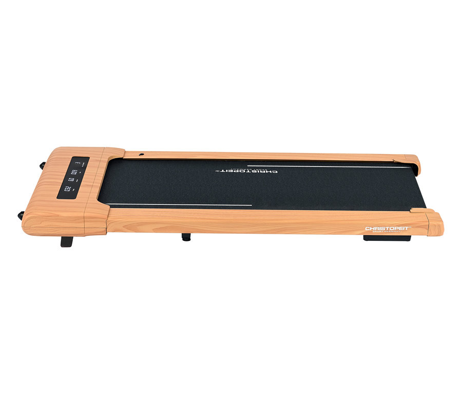 Das Walking-Pad »4.2 Holzoptik« ist ein flaches Laufband mit Holzoptik-Rahmen und schwarzer Lauffläche.