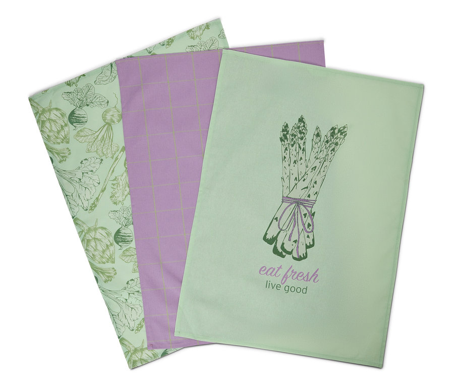 Drei Geschirrtücher: hellgrün mit Artischocken und Rüben, lila kariert und hellgrün mit Spargel.