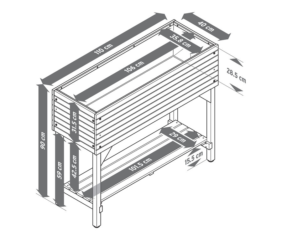 Die Maße des Hochbeets mit Regal »Tinus« sind mit Pfeilen dargestellt.