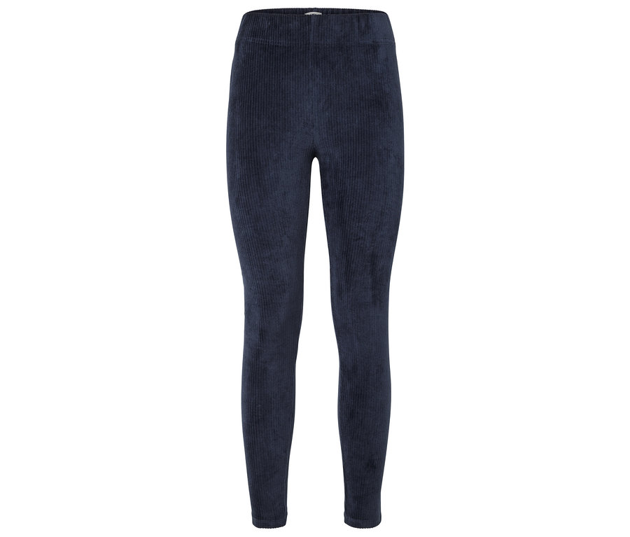 Eine marineblaue Cordhose auf weißem Hintergrund.