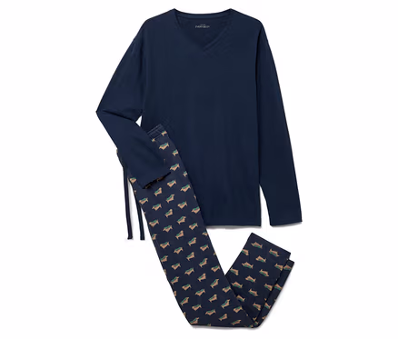 Ein marineblauer Schlafanzug mit langen Ärmeln und einer Hose mit Dackel-Muster.