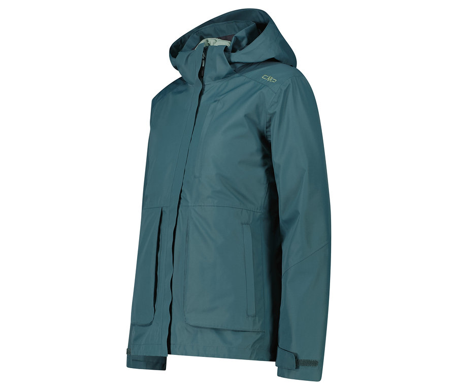 Türkisfarbene Jacke mit Kapuze.