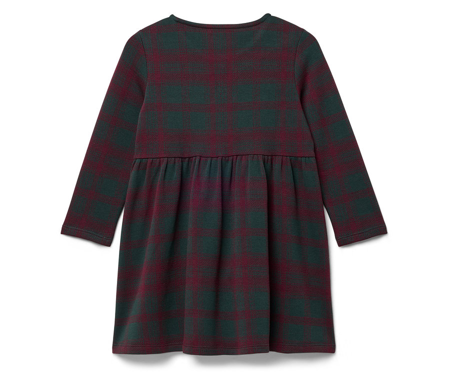 Rückansicht eines langärmligen Mädchenkleids mit Karomuster in Dunkelgrün und Burgunderrot.