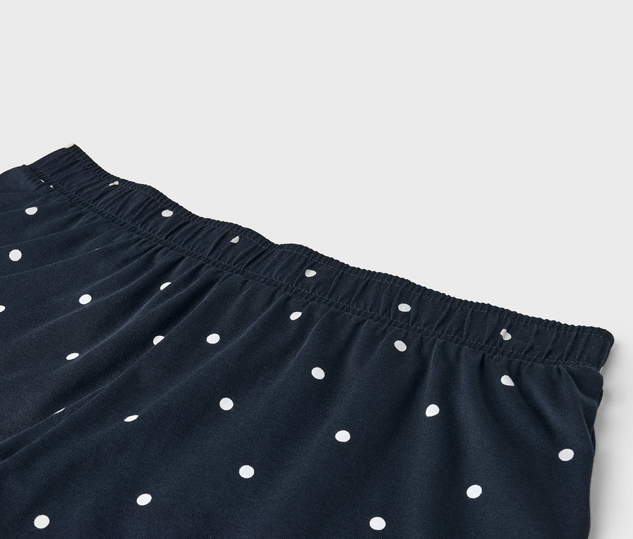 Detailaufnahme einer marineblauen Hose mit weißen Tupfen und elastischem Bund.