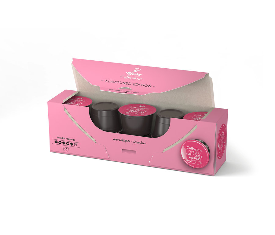 Geöffnete, pinke Packung Cafissimo Flavoured Espresso - White Choc & Raspberry mit zehn Kapseln.