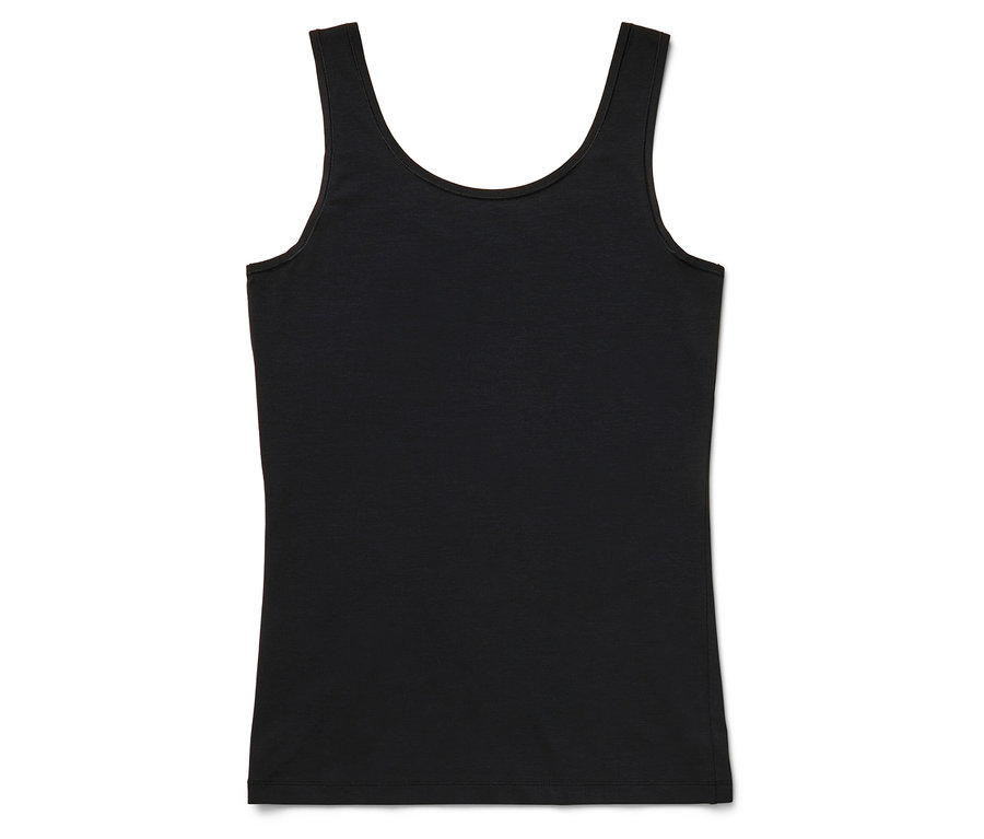 Schwarzes Tanktop auf weißem Hintergrund.