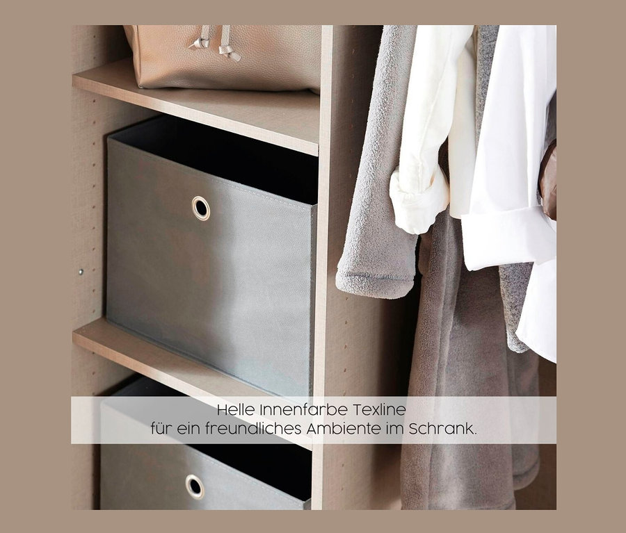 Beiger Kleiderschrank »Frieda« mit zwei grauen Aufbewahrungsboxen und Kleidung.