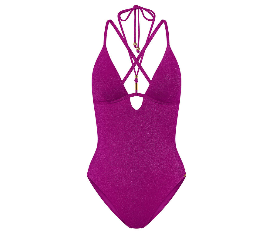 Glitzernder, magentafarbener Triumph Summer Sunset OP 01 Einteiler mit Neckholder, überkreuzten Trägern, V-Ausschnitt und goldfarbener Verzierung.