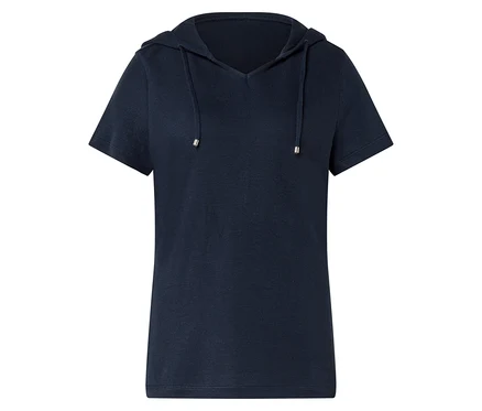 Dunkelblaues Kapuzen-T-Shirt mit kurzen Ärmeln und V-Ausschnitt.