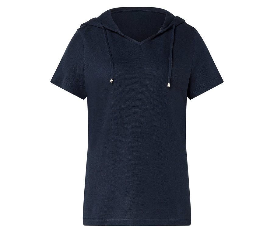 Dunkelblaues Kapuzen-T-Shirt mit kurzen Ärmeln und V-Ausschnitt.