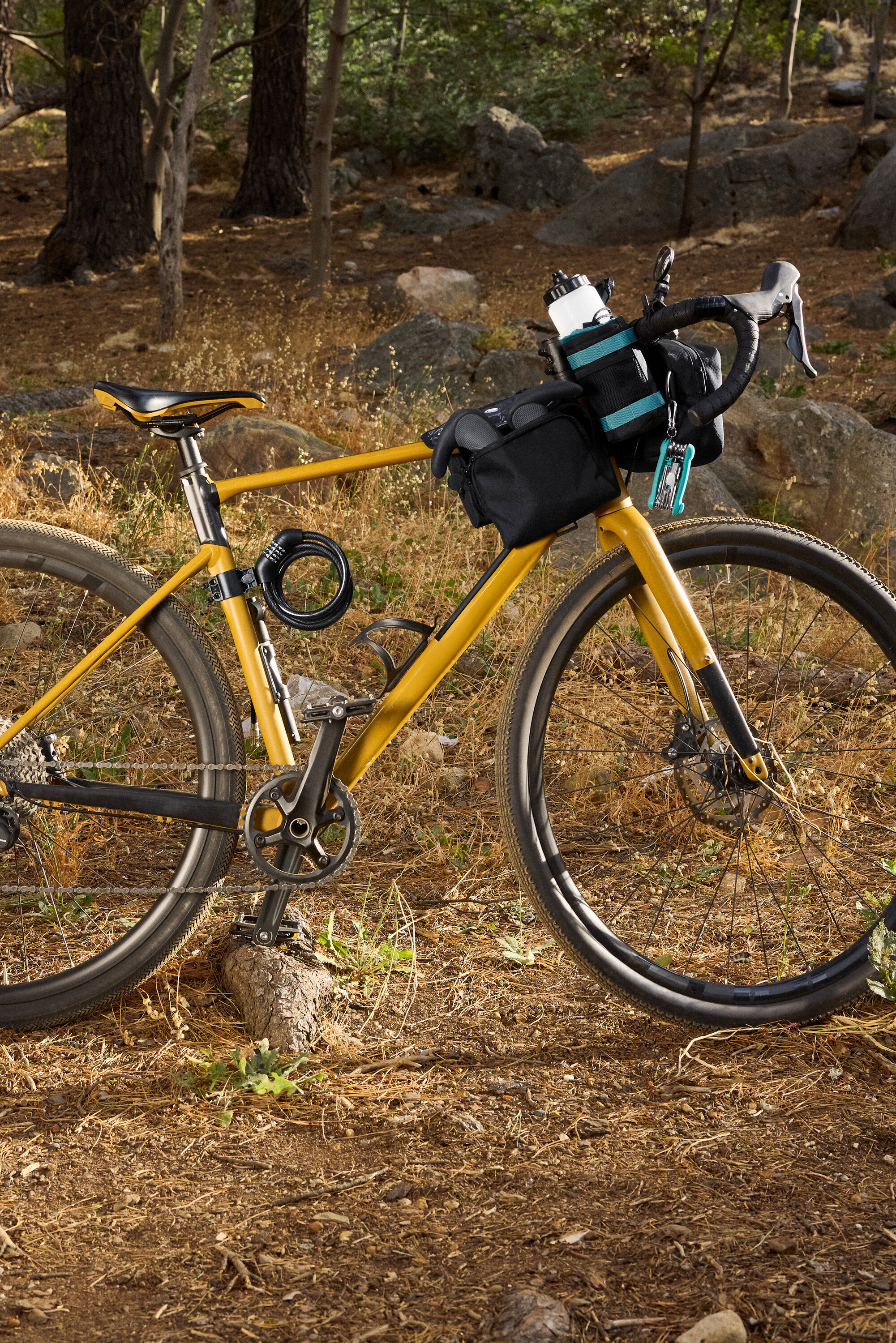 Gelbes Fahrrad mit schwarzen Taschen und Zubehör im Wald.