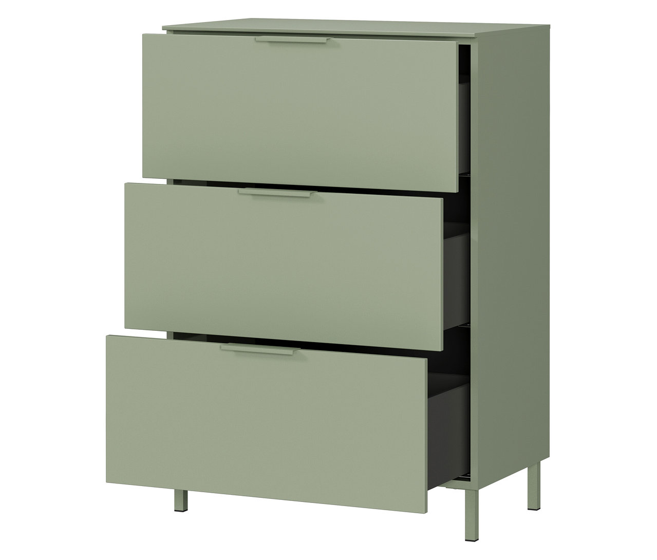 Eine kleine, taupegrüne Kommode »Savoca« steht, wobei zwei der drei Schubladen offen sind.