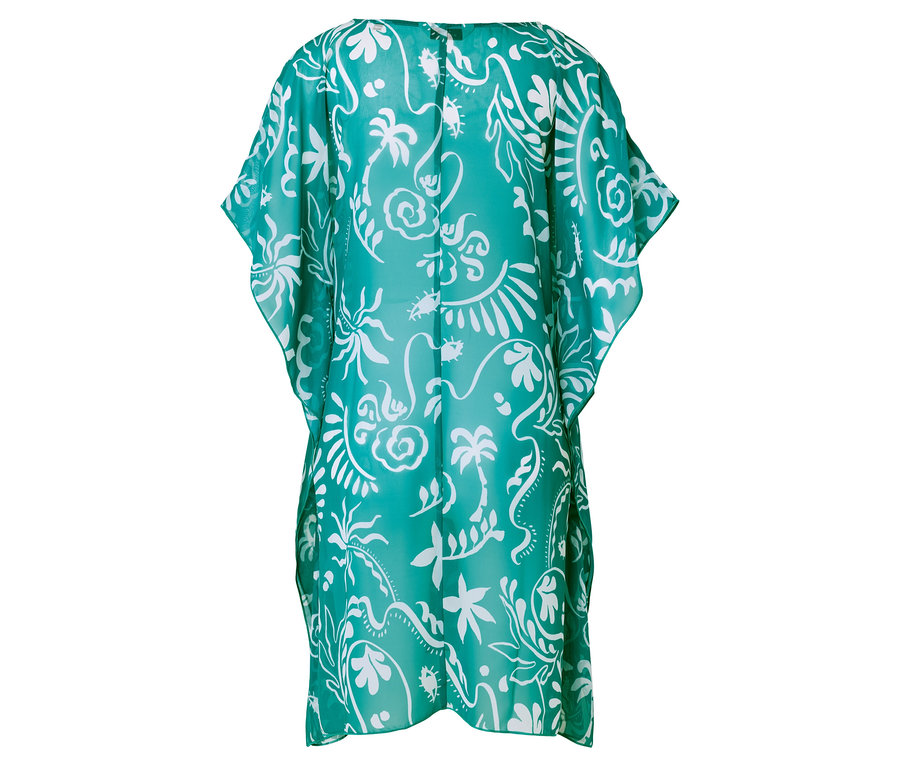 Rückansicht eines türkisfarbenen Kaftans mit weißen floralen und tropischen Mustern.