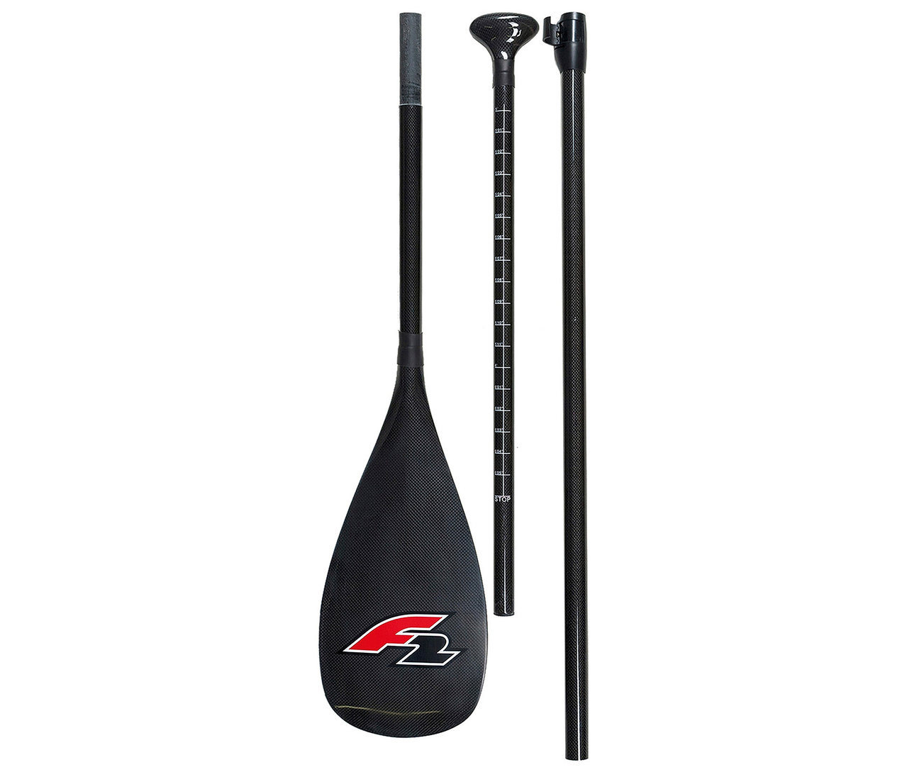 Das F2 SUP Paddle »Carbon« ist in drei Teile zerlegt auf weißem Grund zu sehen.