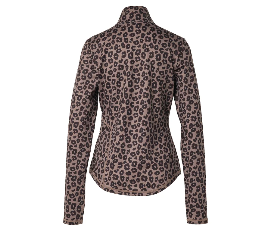 Rückansicht einer langärmligen, hellbraunen Jacke mit Leopardenmuster und Stehkragen.