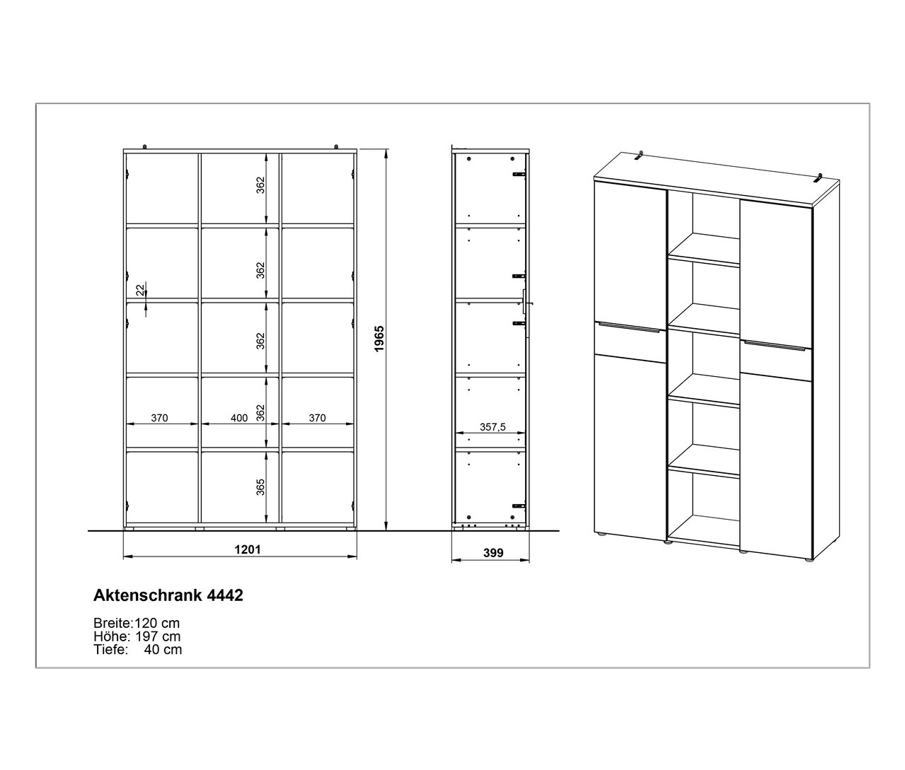Technische Zeichnung eines großen Aktenschranks »Oviedo« mit Maßangaben.