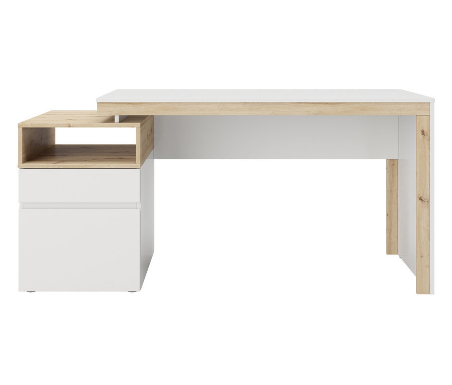 Weißer und hellbrauner Schreibtisch mit Schubladen und Ablagefächern.