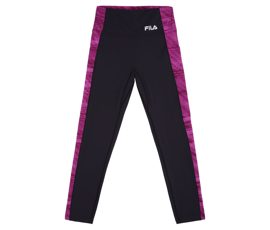 Schwarze FILA Damen-Sportleggings mit pinkfarbenen Seitenstreifen, von vorne fotografiert.