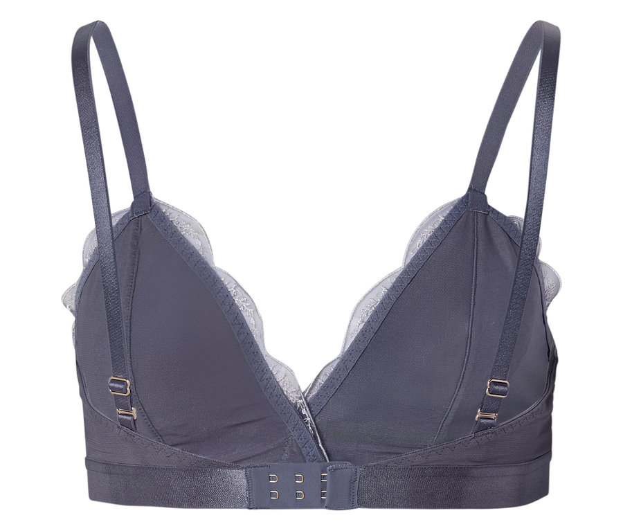 Grauer BH mit Spitze und verstellbaren Trägern, Rückansicht.