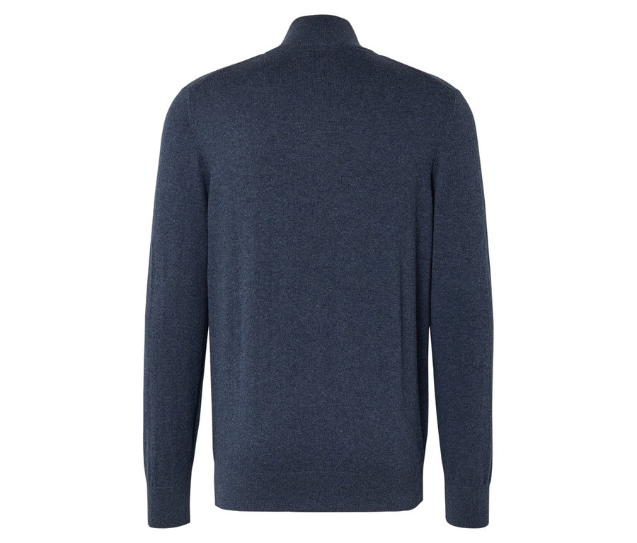 Rückansicht eines marineblauen Strickpullovers mit Reißverschluss.