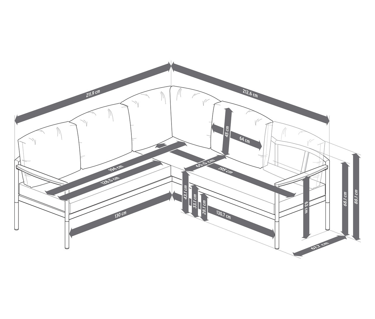 Abmessungen der Dining-Lounge-Ecke "Elin" mit Breiten, Tiefen und Höhen in Zentimetern.