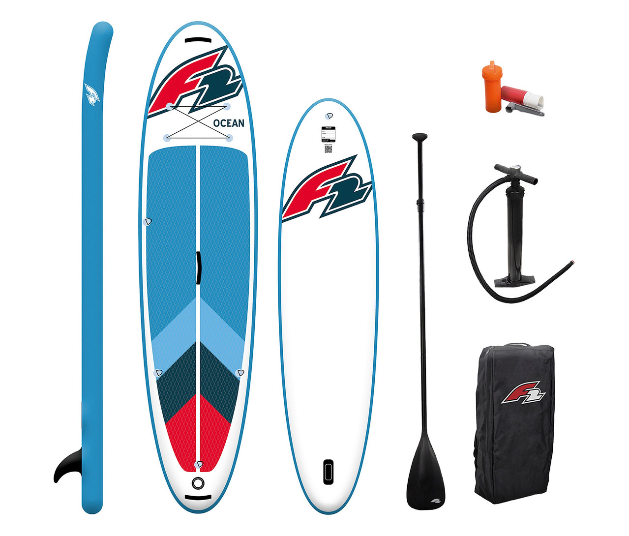 Zwei F2 SUP Boards »Ocean ltd« in klein und groß, Paddel, Pumpe, Tasche und Zubehör sind zu sehen.