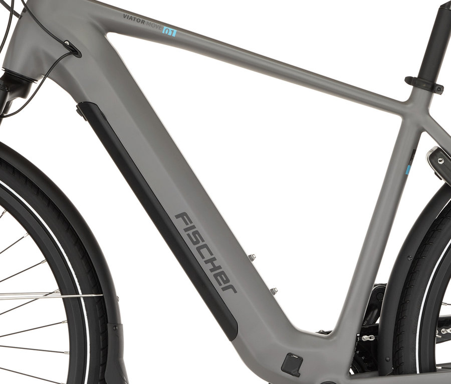 Detailansicht eines grauen FISCHER Trekking-E-Bike VIATOR MOVE mit Diamant-Rahmen.