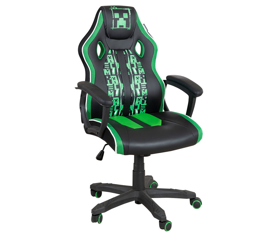 Schwarzer und grüner Gaming-Stuhl mit Pixelmuster.