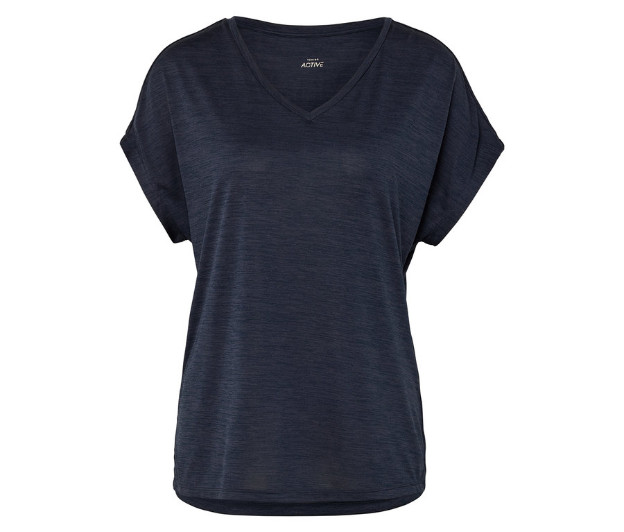 Dunkelblaues Active T-Shirt mit V-Ausschnitt, kurzärmlig, auf weißem Hintergrund.