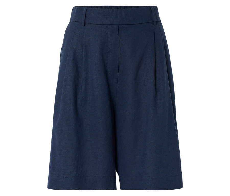 Marineblaue Shorts mit Bundfalten, freigestellt.