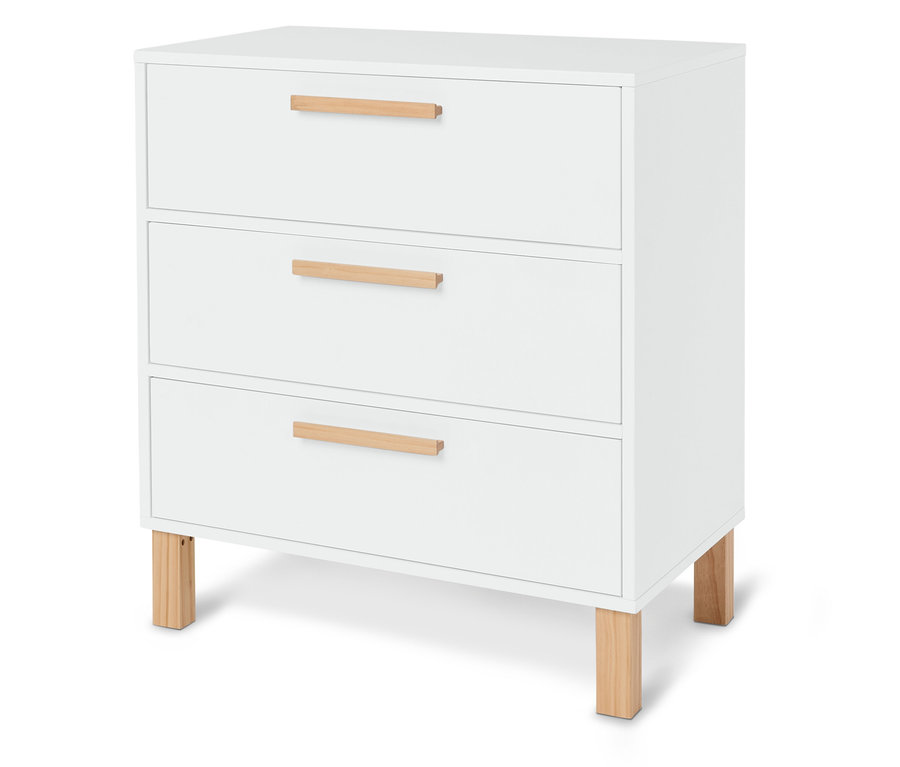 Weiße Kommode mit drei Schubladen und hellbraunen Holzgriffen und -füßen.