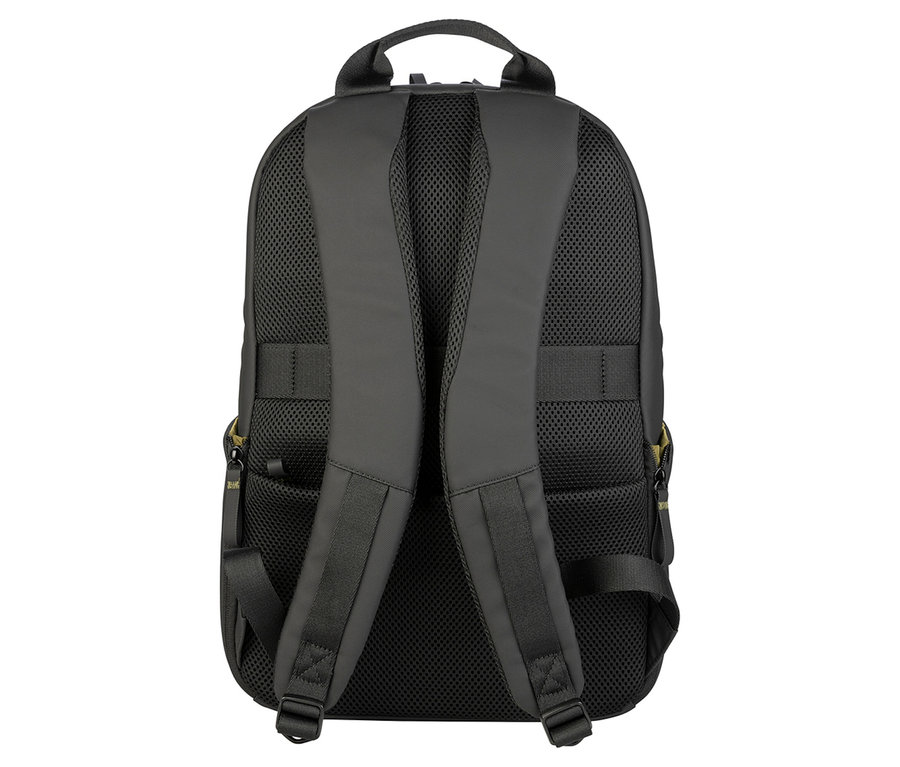Rückansicht eines schwarzen Rucksacks mit gepolsterten Trägern und einem Tragegriff oben.